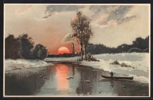 Künstler-AK Meissner & Buch (M&B) Nr. 1536: Winterabend, Fischer am Fluss