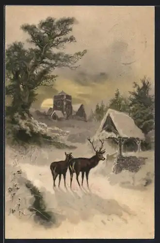 AK Hirsch & Reh an einem Brunnen