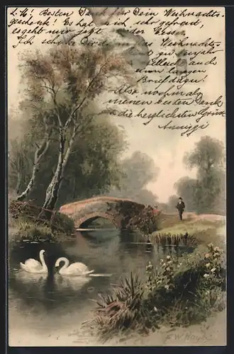 Künstler-AK Meissner & Buch (M&B) Nr. 1263: Frohen Herzen Frohe Stunden, Flusspartie, Schwäne