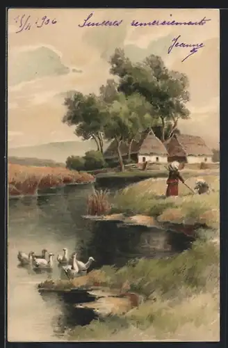 Künstler-AK Meissner & Buch (M&B) Nr. 1258: Vom Lebenswege, Flusspartie mit Reetgedeckten Häusern