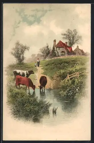 Künstler-AK Meissner & Buch (M&B) Nr. 1350: Heimatsklänge, Kühe am Fluss