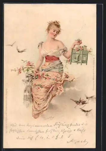 Lithographie Junge Frau mit Vogelkäfig und freigelassenen Schwalben