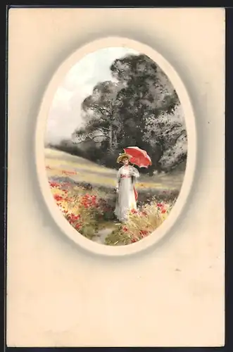 Künstler-AK Meissner & Buch (M&B) Nr. 1555: Junge Frau mit Sonnenschirm beim Spaziergang in der Natur