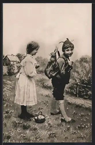 Foto-AK BNK 32652 /2: Junger Jäger zeigt dem Mädchen den lebenden Hasen in seinem Rucksack