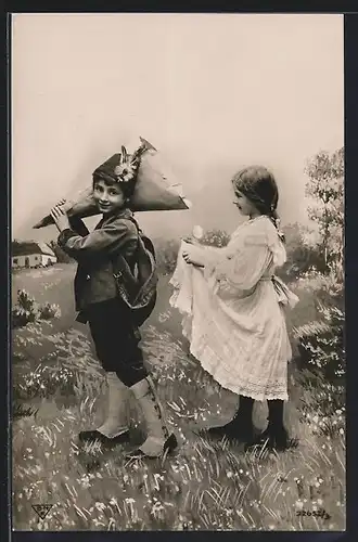 Foto-AK BNK 32652 /3: Mädchen sammelt die Ostereier des jungen Jägers in seiner Schürze