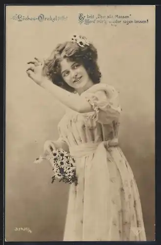 Foto-AK BNK 33439 /4: Junge Frau zupft die Blätter von der Blume, Liebes-Orakel