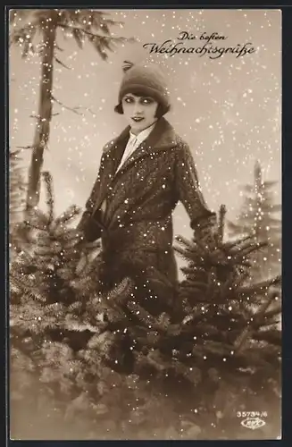 Foto-AK BNK 35734 /6: Junge Dame in der Tannenschonung, Die besten Weihnachtsgrüsse!