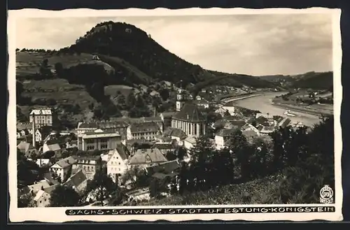 Foto-AK Walter Hahn, Dresden, Nr. 3708: Königstein / Sächs. Schweiz, Ortsansicht mit Festung Königstein