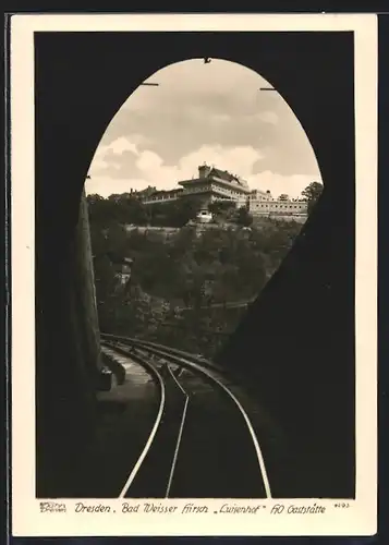 Foto-AK Walter Hahn, Dresden, Nr. 4293: Dresden-Weisser-Hirsch, Gaststätte Luisenhof, Blick vom Tunnel
