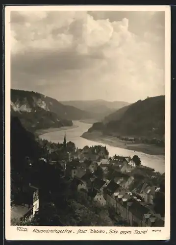 Foto-AK Walter Hahn, Dresden, NR. 10549: Elbsandsteingebirge, Stadt Wehlen, Blick gegen Bastei