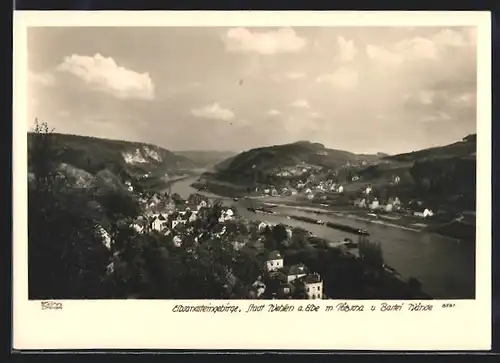 Foto-AK Walter Hahn, Dresden, Nr. 8561: Wehlen a. Elbe, Ortsansicht mit Pötzscha und Basteiwände