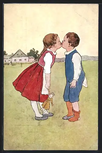 Künstler-AK Mädchen mit Puppe gibt Jungen einen Kuss