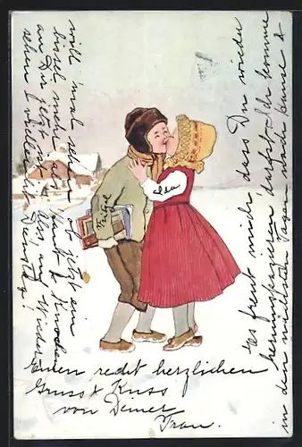 Künstler-AK Brüder Kohn (B.K.W.I) Nr. 599-6: Mädchen küsst den Schulkameraden im Schnee