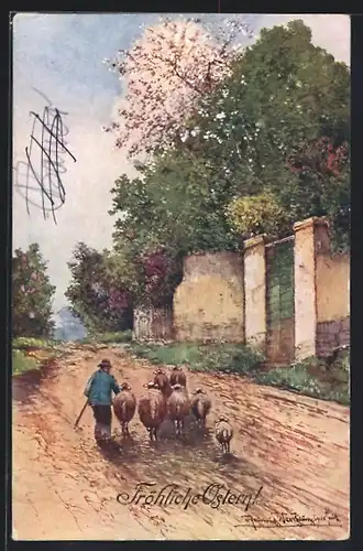 Künstler-AK Brüder Kohn (B.K.W.I) Nr. 4718-4: Schäfer bringt seine Schafherde nach Hause, Fröhliche Ostern!