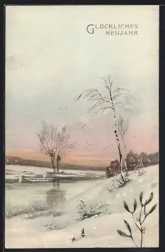 Künstler-AK Brüder Kohn (B.K.W.I) Nr. 2590-1: Flusspartie im Winter, Glückliches Neujahr