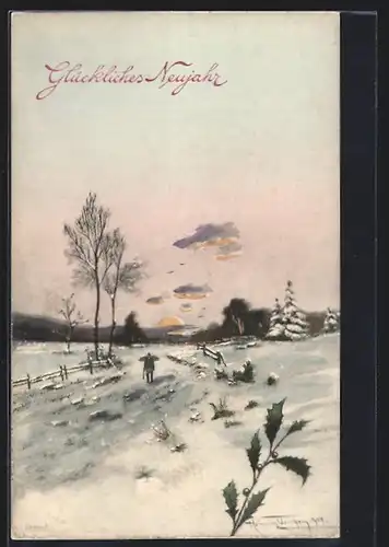 Künstler-AK Brüder Kohn (B.K.W.I) Nr. 2590-4: Holzträger geht seines Weges im Winter, Neujahr