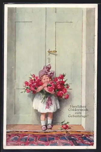 Künstler-AK Karl Feiertag: Kleines Mädchen mit grossen pinken Blumensträussen vor einer Tür