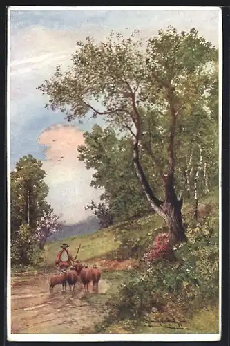Künstler-AK Brüder Kohn (B.K.W.I) Nr. 4718 /3: Schäfer zieht mit seiner Herde durch die Landschaft