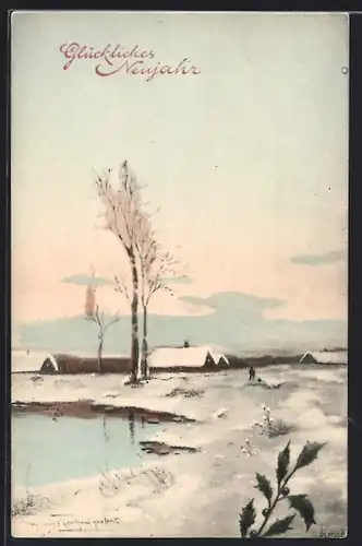Künstler-AK Brüder Kohn (B.K.W.I) Nr. 2590-5: Verschneite Winterlandschaft, Glückliches Neujahr