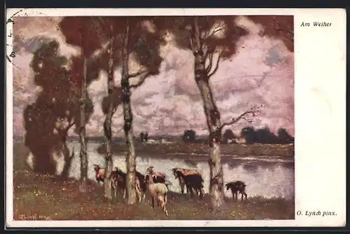 Künstler-AK Brüder Kohn (B.K.W.I) Nr. 1914: Ziegen grasen am Weiher