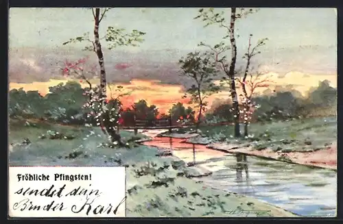 Künstler-AK Brüder Kohn (B.K.W.I) Nr. 737-2: Flusslandschaft im Abendrot, Fröhliche Pfingsten!