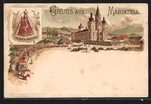 Lithographie Mariazell, Wallfahrtskirche mit Prozession, Gnaden-Mutter