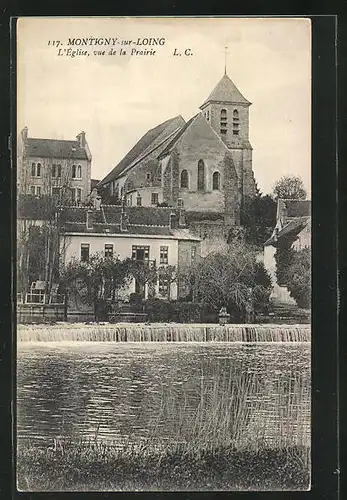 AK Montigny-sur-Loing, l'Église, vue de la Prairie