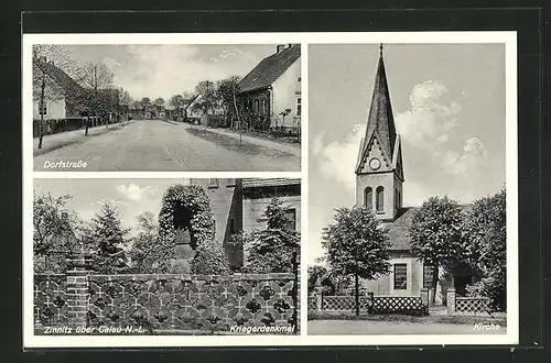 AK Zinnitz, Kriegerdenkmal, Kirche, Ortspartie