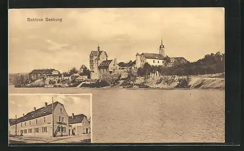 AK Seeburg, Gasthaus Zum süssen See, Ortsansicht mit Schloss