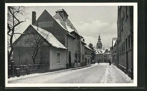 AK Zella-Mehlis i. Th., Blick vom Stadtkaffee zur Kirche im Schnee