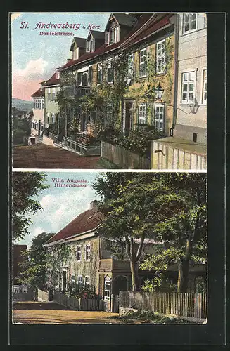 AK St. Andreasberg i. Harz, Blick zum Hotel Villa Augusta in der Hinterstrasse, Blick in die Danielstrasse