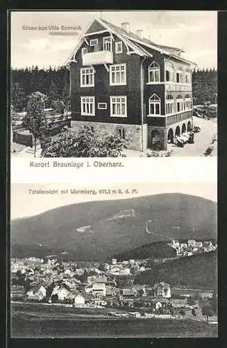 AK Braunlage i. Oberharz, Totalansicht mit Wurmberg, Blick zum Hotel Villa Sonneck