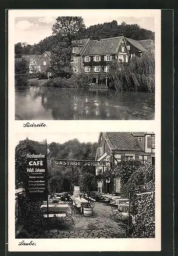 AK Burg / Wupper, Gasthof Johann, Gartenlokal, Blick von Süden mit Weiher