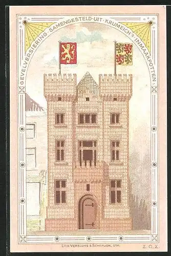 Sammelbild Krumeich`s Inmaakpotten, Gevelversiering, Burgturm mit Fahnen