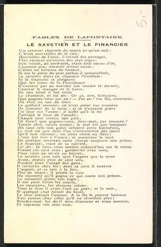 Sammelbild Fables de la Fontaine, Le Savetier et le Financier, Der Schuhflicker und der reiche Mann