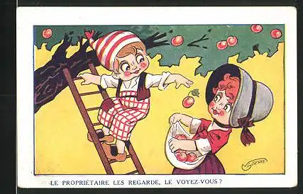 Kaufmannsbild Au Sphinx, le propriétaire les regarde, le Voyez-Vous, Kinder pflücken Äpfel vom Baum