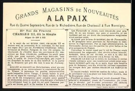 Kaufmannsbild Grands Magasins de Nouveautés a la Paix, Charles III. dit le simple