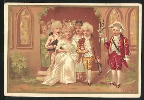 Kaufmannsbild Samuel Morali, Toilerie, Draperie et Rouennerie, Brautpaar mit Gästen in barocker Kleidung