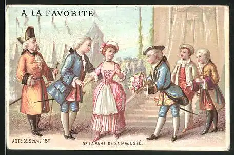 Kaufmannsbild A la Favorite, Mercerie, Passementerie, Rubans et Modes, de la Part de sa Majesté, barockes Liebespaar