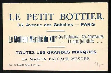 Kaufmannsbild Le Petit Bottier, Toutes les Grandes Marques, Mädchen kämmt ihre Haare, Knabe mit einem Besen
