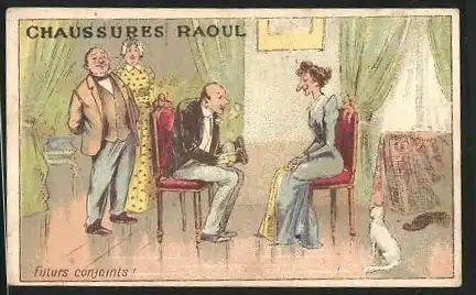 Kaufmannsbild Chaussures Raoul, Maisons Principales, Futurs conjoints, Mann spricht mit einer Dame