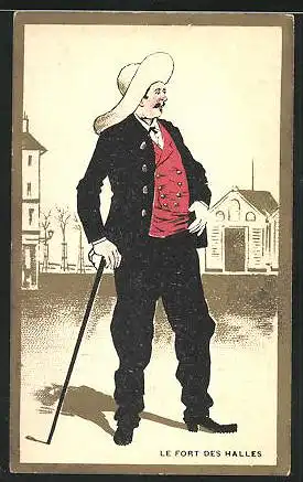 Kaufmannsbild I. Trichet, Phamarcie, le Fort des Halles, Herr mit Hut im Anzug