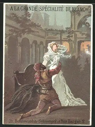 Kaufmannsbild E. Demont, a la Grande Spécialité de Blanc, Trousseaux & Layettes, Szene einer Aufführung