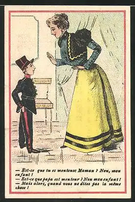 Kaufmannsbild Au Bonheur des Dames, Mutter spricht mit ihrem Jungen