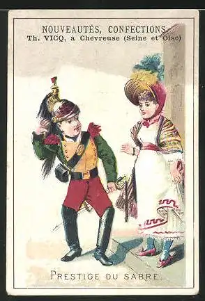 Kaufmannsbild Th. Vicq, Nouveautés, Confections, Prestige du sabre, Soldat mit Säbel