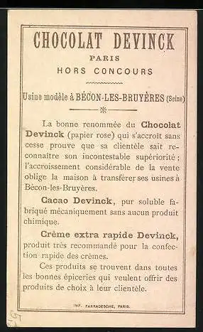 Sammelbild Chocolat Devinck, Mann mit Mistkarre zeigt elegantem Herren den Weg