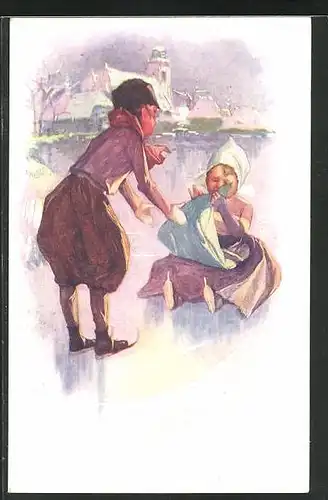 Sammelbild Cric-Crac, Kinderpaar auf Schlittschuhen