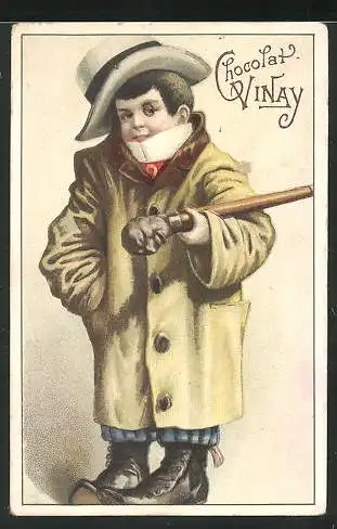 Sammelbild Chocolat Vinay, Junge im Mantel mit Hut und Stock