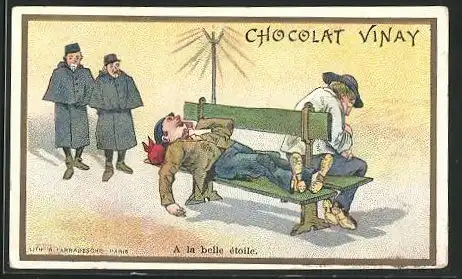 Sammelbild Chocolat Vinay, A la belle étoile, Mann liegt auf einer Parkbank