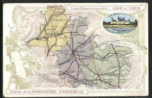 Sammelbild Loir et Cher, Chocolaterie d`Aiguebelle, Les Départements, Château de Chambord, Landkarte mit Salbris